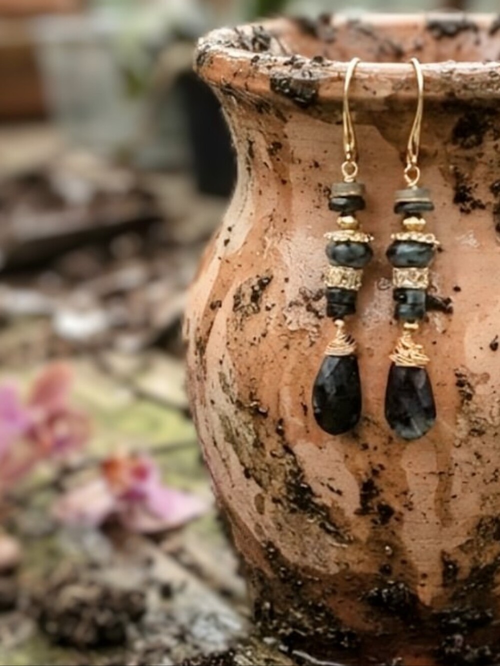 Natural Stacked Zambian Emerald In Artisan HandMade Gold Plated Earrings